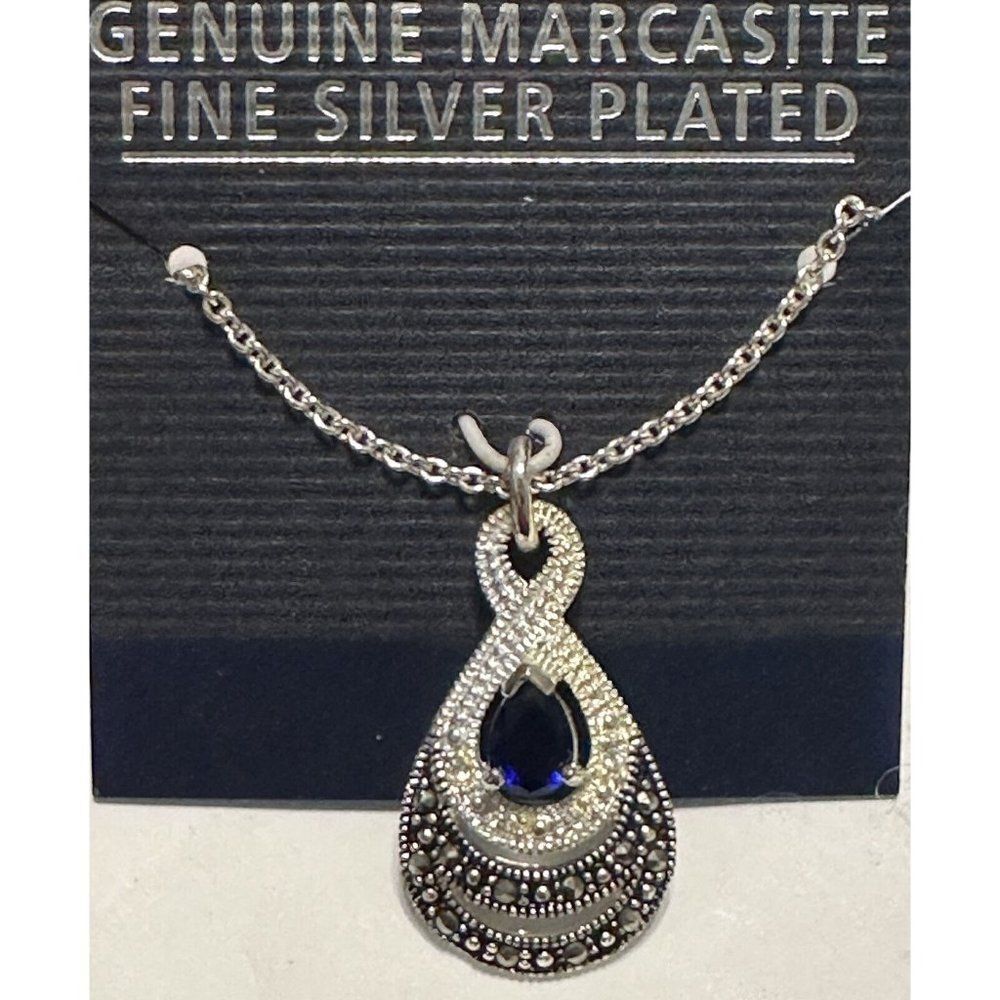 NWT 17” Marcasite Fine Silver Plated Sapphire pendant Necklace